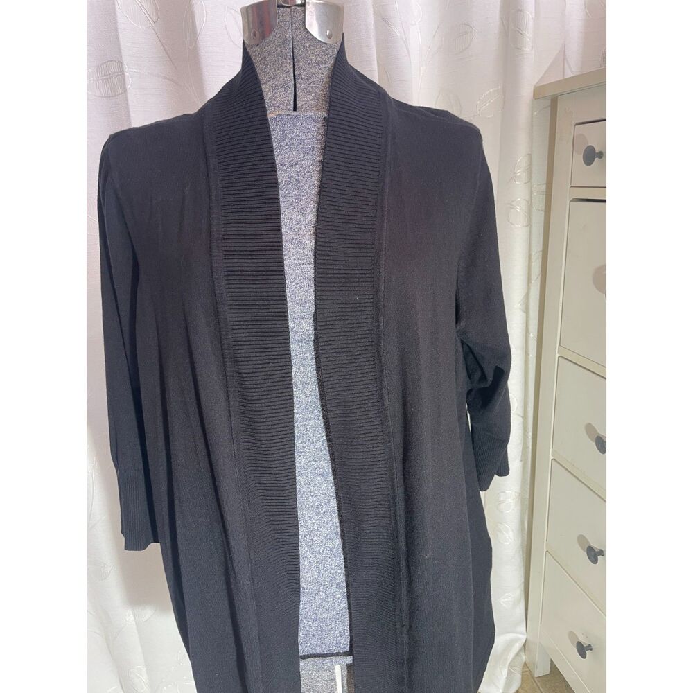 Laura Ashley Black Open Front Cardigan Sweater Shawl Collar